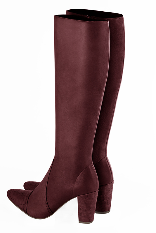 Burgundy red women's feminine knee-high boots. Round toe. High block heels. Made to measure. Rear view - Florence KOOIJMAN